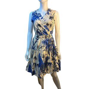 Blue and White Tropical Print Wrap Dress
